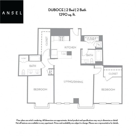 Floor plan for 2 beds, 2 baths, 1290 sqft